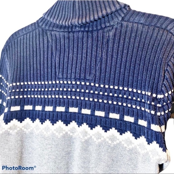 NAUTICA Fair Isle Style Shawl Collar Blue, Gray Pullover Sweater, Size Medium - Picture 5 of 7